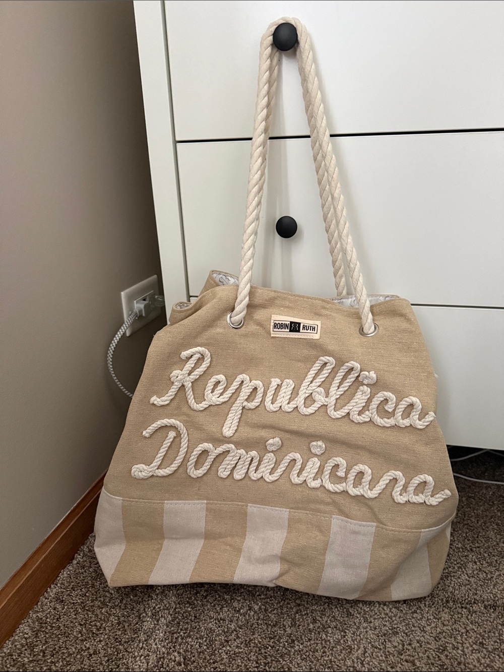 Robin Ruth Beige and Cream Rope Tote with 'Republica Dominicana' Embroidery